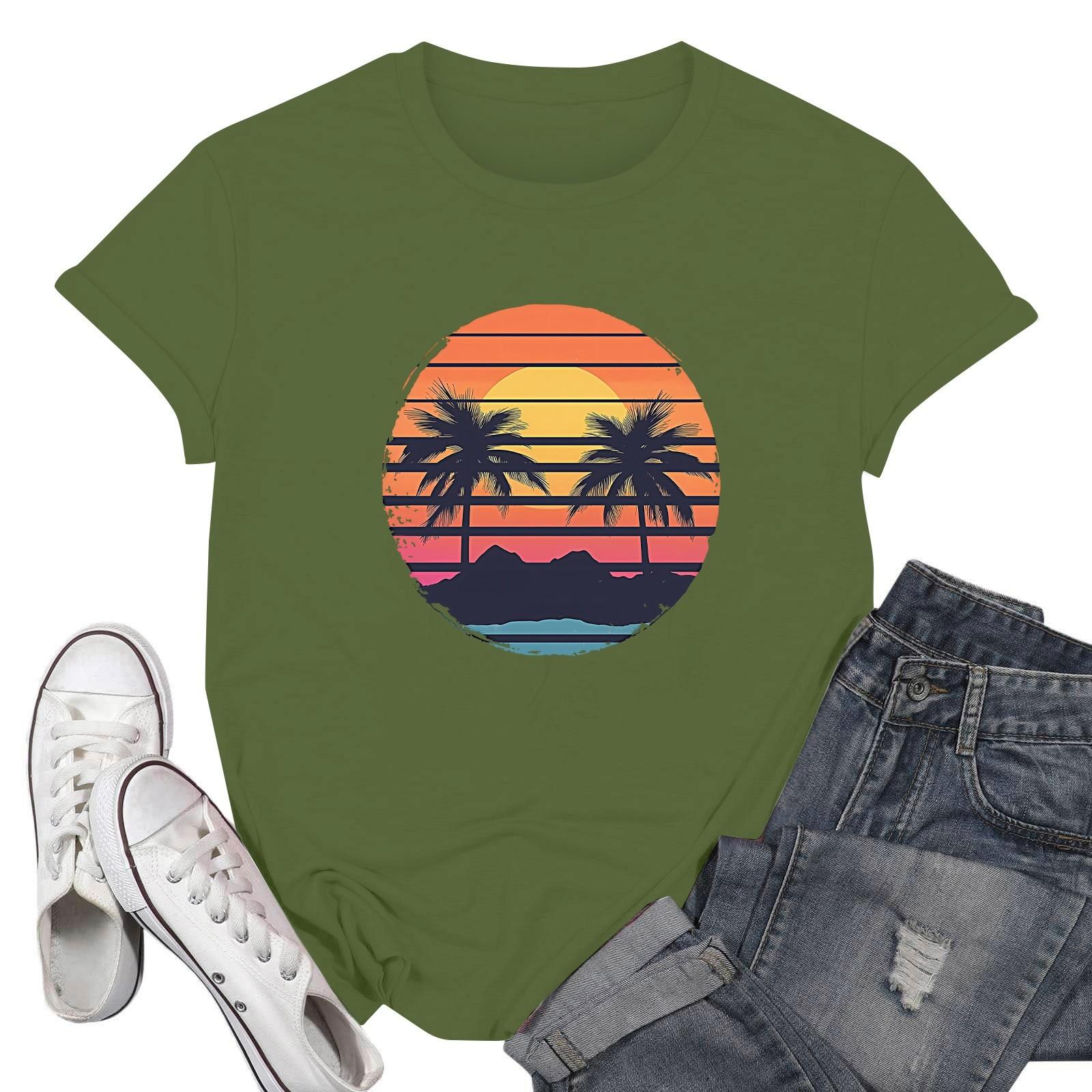 

Женские модные повседневные пуловеры с короткими рукавами и круглым вырезом с принтом L армия зеленый