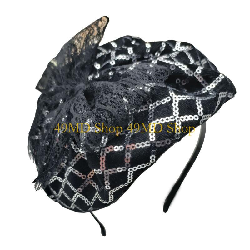 49MD High Skull Hairhoop Lace Bowknot Sequined Hat Women Formal Event Hair Covering
