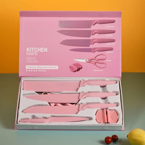 CHUYIREN Kitchen Knife Set, Pink Knife Set, High Carbon Stainless Steel Non-Stick Coated Chef Knife Set with Scissors and Sharpener for Women and Girl
