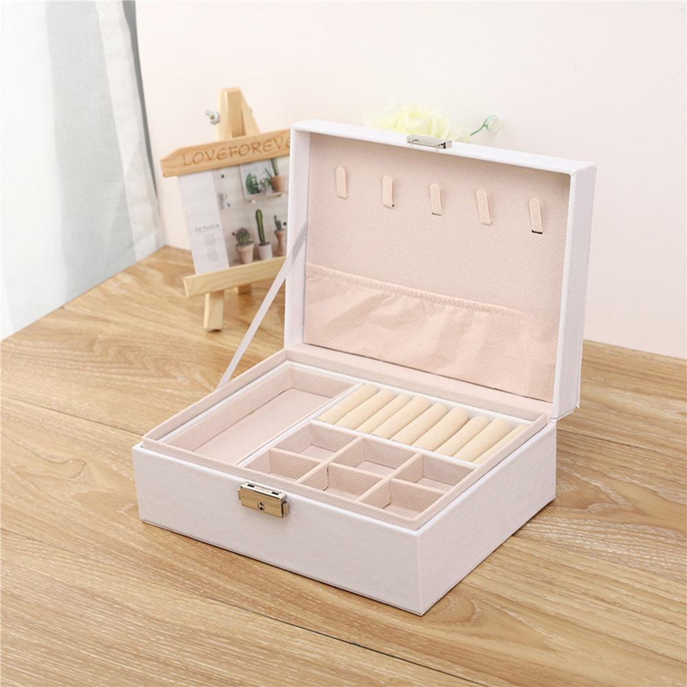 Elegant Double-Layer Jewelry Storage Box with Lock, Wooden & PU Leather Finish