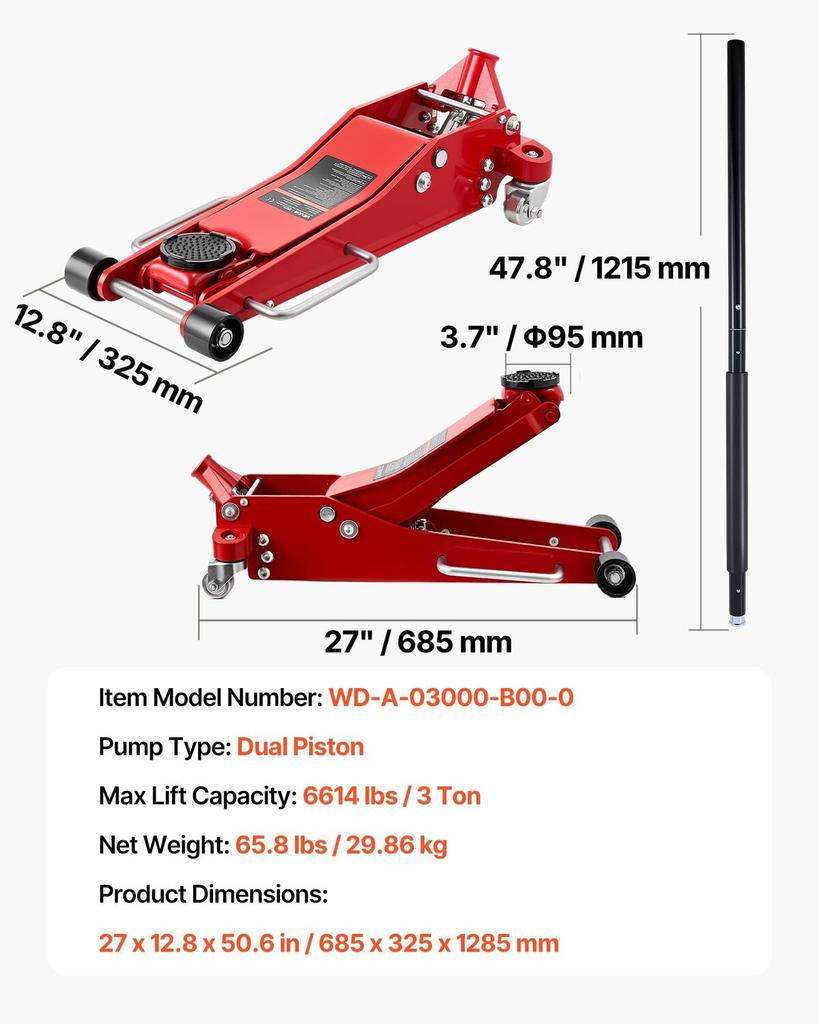 Low Profile Floor Jack, 3 Ton Capacity, Aluminum Racing Floor Jack with Dual Pistons Quick Lift Pump, Hydraulic Trolley Car Lift for Sports Cars,