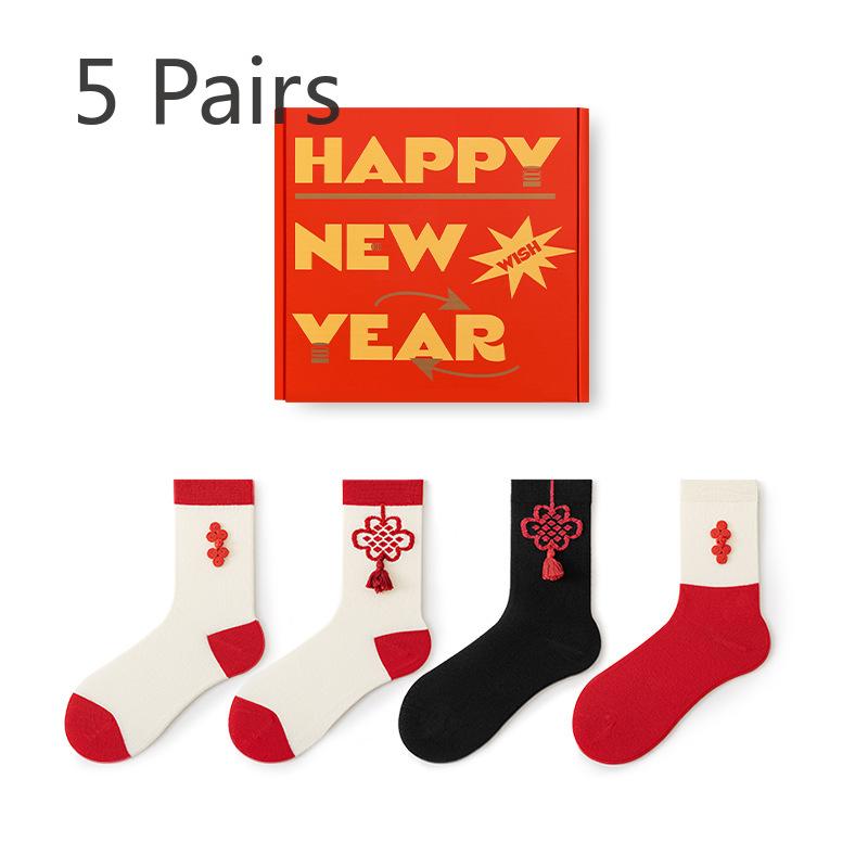 5 Pairs of Female New Year Chinese Knot Retro Sweat Absorbent Non Slip Big Red Tube Socks