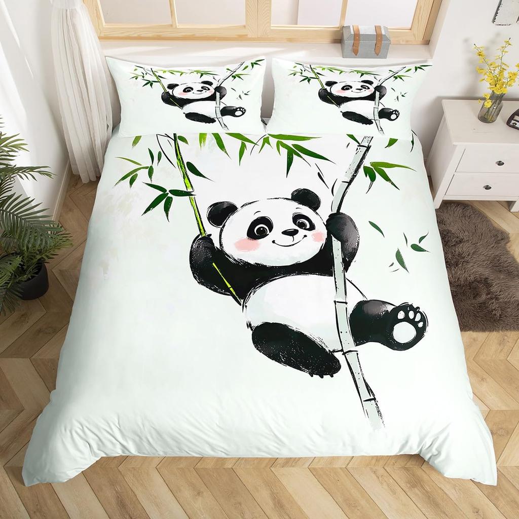 Cute Panda Duvet Cover Set Twin Queen Cartoon Wild Animal Bedding Set Minimalism Hand Drawn Comforter Cover Kawaii Room Decor