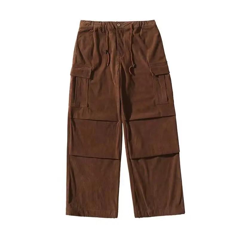 Autumn Winter Straight Leg Wide Leg Pants Vintage Brown Corduroy Pants Men's Loose-fit Drawstring Ankle Casual Pants