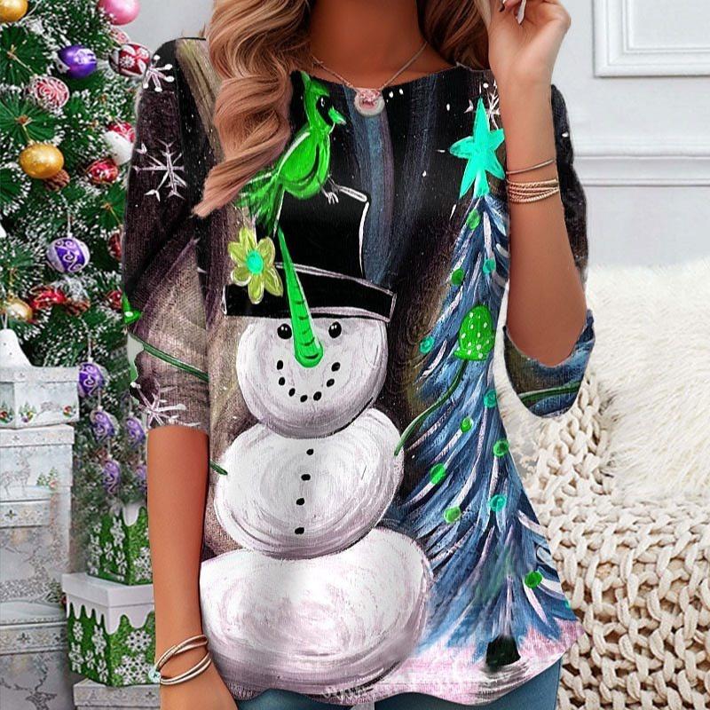 Spring and Autumn Round Neck Funny Christmas Snowman Graphic 3D Printed Top Fashionable Casual Long Sleeved Women's T-shirts