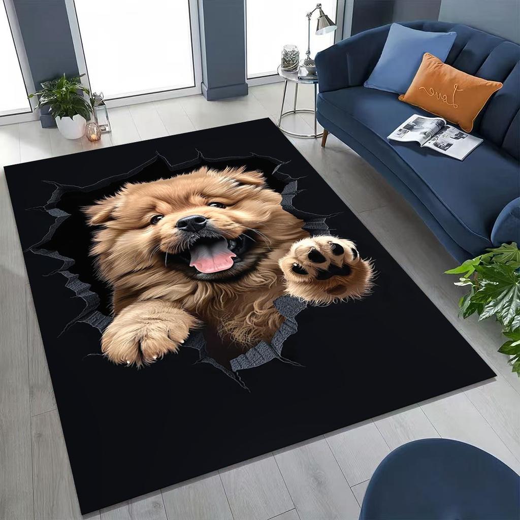 Tapete Fofo Cão Filhote Quebrando a Parede Ilusão 3D para Quarto Sala de Estar Sofá Casa Capacho Decoração, Tapete Grande Antiderrapante para Brincar de Crianças
