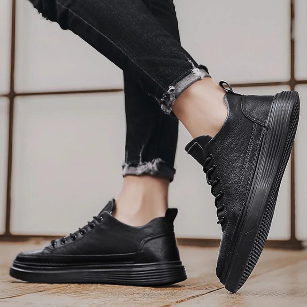 Men's Loafers Black Fashion Casual Leather Shoes Mens Walking Lace Up Comfortable Flat Sneakers Work Shoes