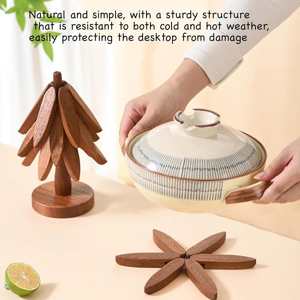 Wooden Trivets Kit for Hot Dishes with 4 Wooden Trivet + 1 Stand (Walnut Wood)