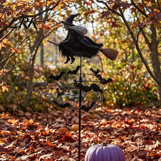 Halloween Garden Decor Witch Wind Spinner, Yard Art Metal Outdoor Accents Stake, Flying Spinner for Lawn Patio Pathway Fall Decoration Whimsical