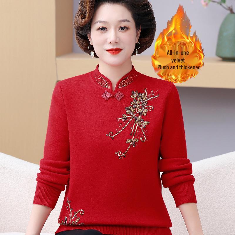 Mom's Chinese Embroidered Top: Fashionable Plus Velvet Sweater for Middle-Aged & Elderly Women, Autumn/Winter Base Layer