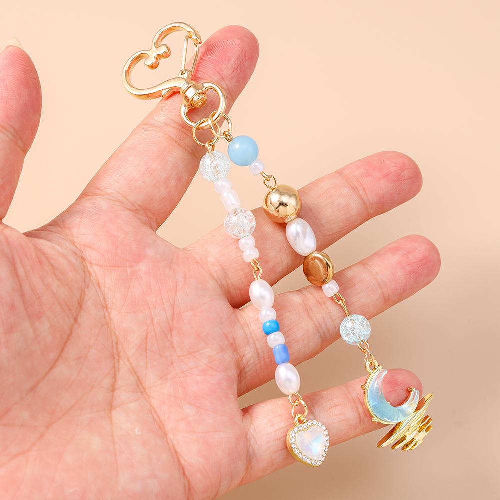 Fashion Star Moon Keychain Crystal Pearl Key Ring Pendants for Women Girls Handbag Decor DIY Handmade Key Chain Gifts