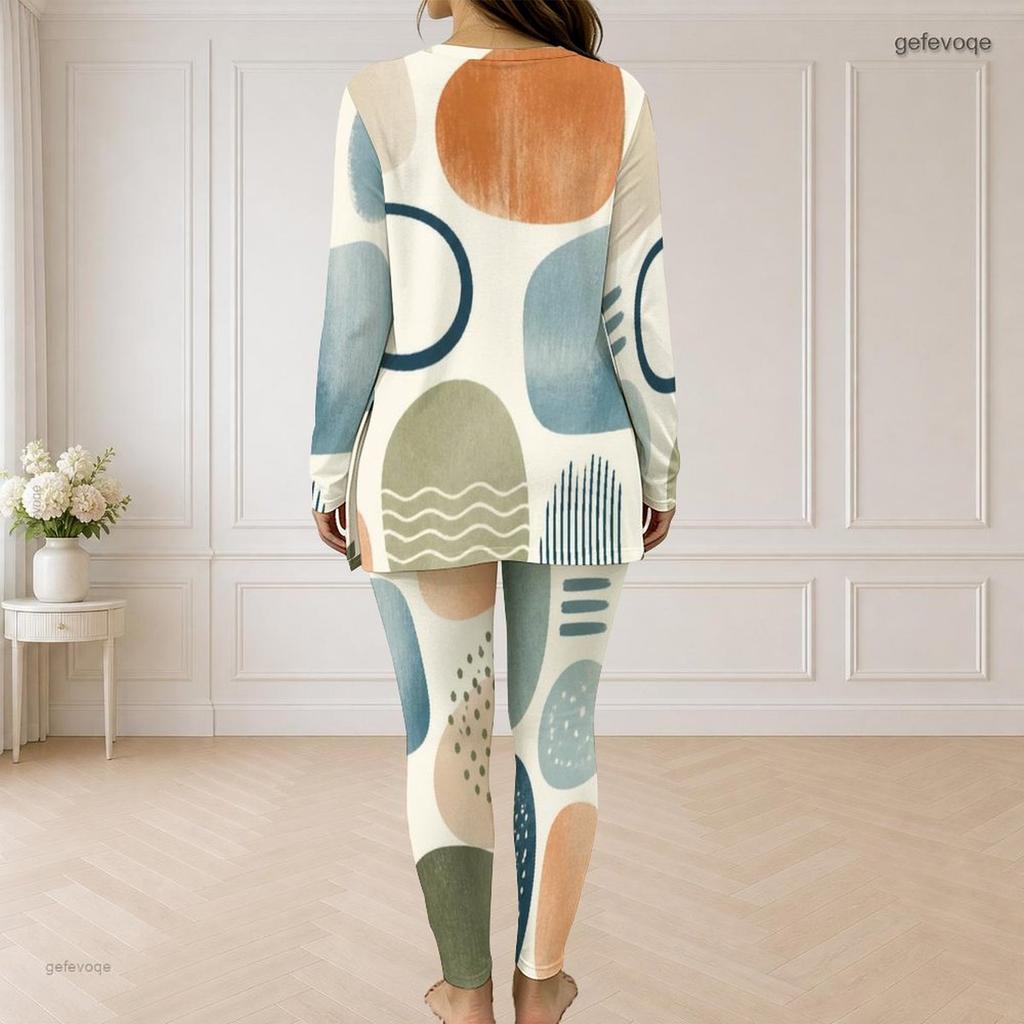 Women Plus Size Printed Half Zip Long Sleeve Longline Top Fitted Pants Two Piece Set