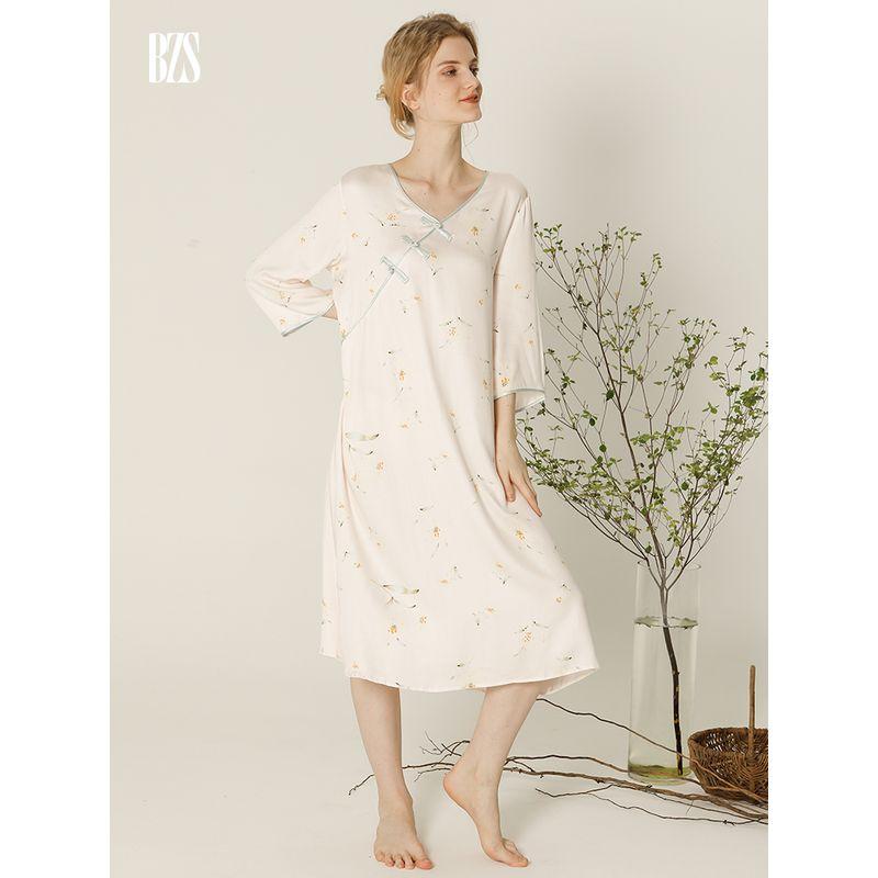 2024 Summer Cotton Silk Mid-Sleeved Night Skirt Women's Summer Cotton Satin Retro National Style Artificial Cotton Elegant Buckle Night Dress