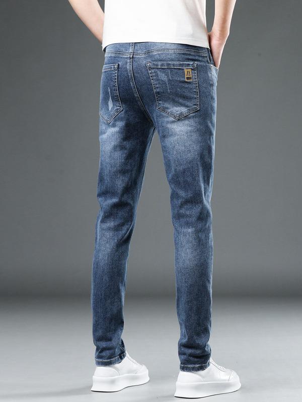 Xintang Men's Trendy Letter Print Slim Straight Jeans - All-Season Casual Style