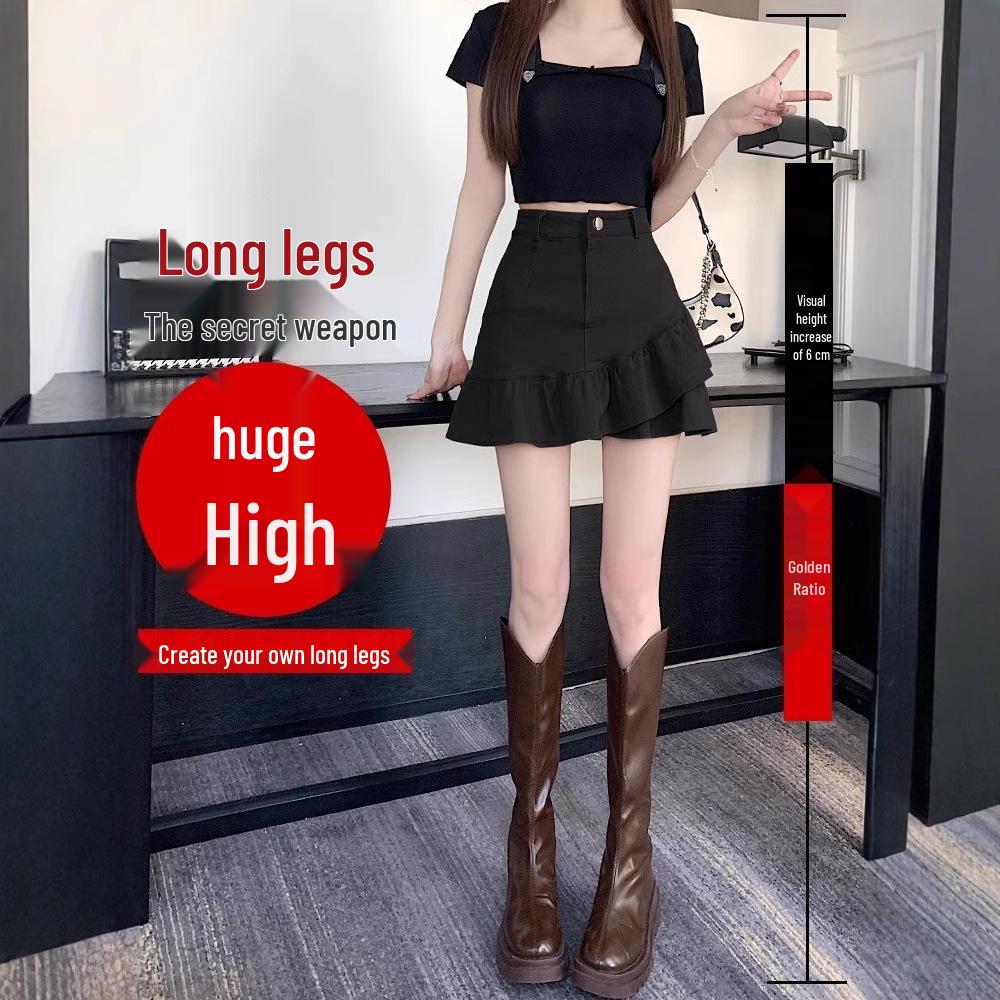 Damen Schwarzer High Waist A-Linien Midi-Rock mit Rüsche - Frühling/Sommer Schlankmachendes und Anti-Expositions-Design