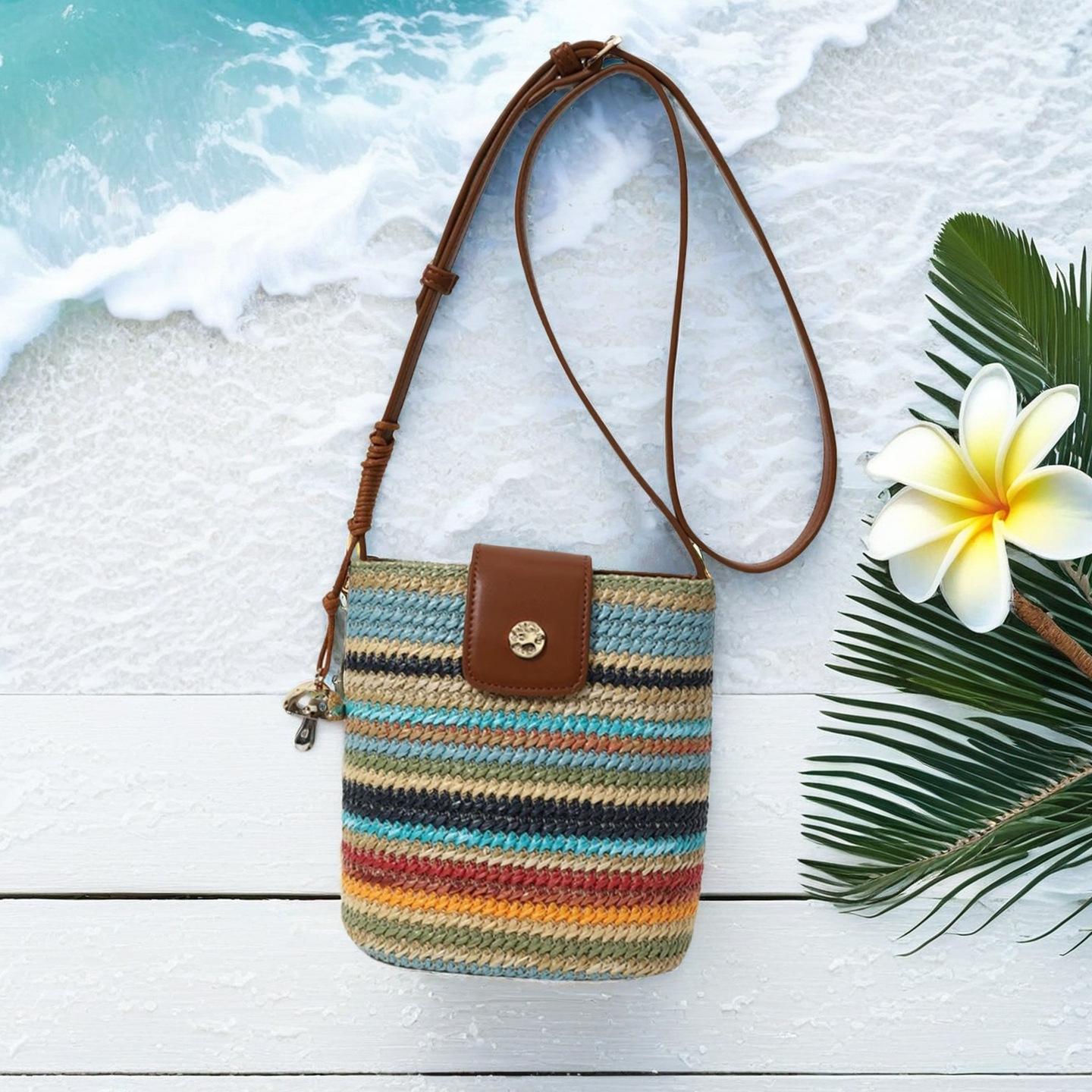 Rainbow Striped Woven Bucket Bag Women S Summer Seaside Beach Bag Ethnic Style Shoulder Messenger Bag