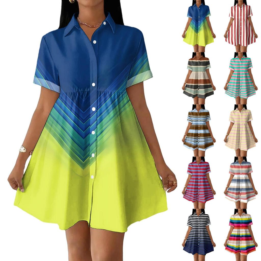 Women Loose Fit Casual Shirt Dress with Button Front and Stand Collar Short Sleeve Striped Design for Everyday Wear