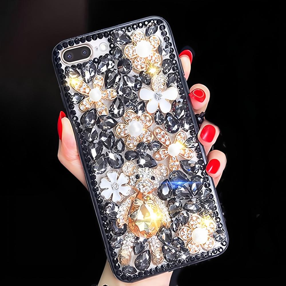 Glitter Rhinestone Phone Case compatible with For iPhone 17 16 15 14 13 12 11 Pro Max Air mini 16e 8 7 Plus X XS XR Crystal Floral Bear Design Cover
