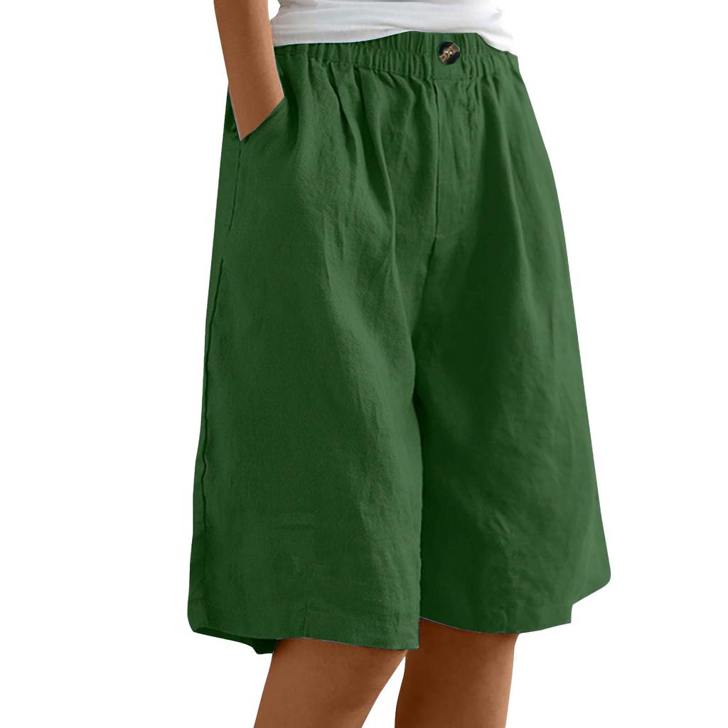 Women's High Waist Elastic Waistband Linen Bermuda Shorts Casual Loose Wide Leg Shorts With Side Pockets For Summer