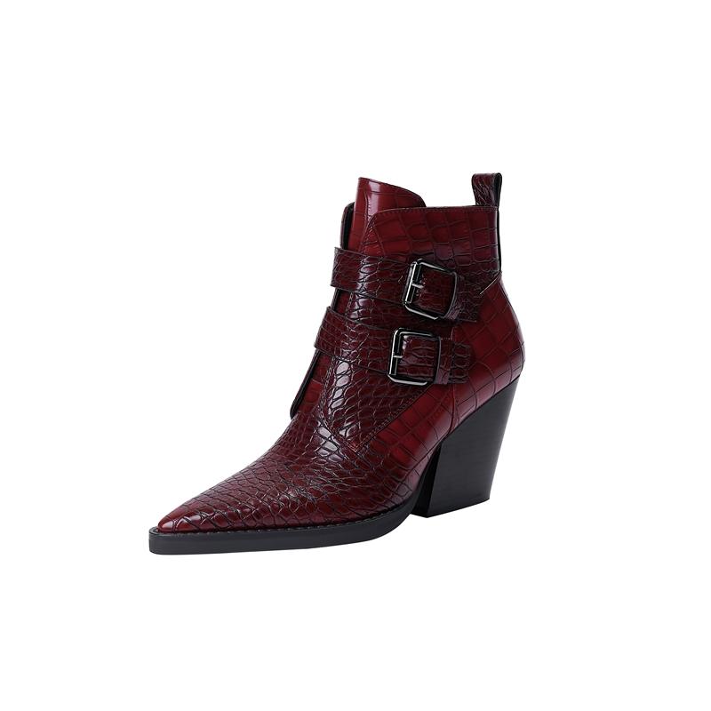 Fashion Kaky's New Pointed Belt Buckle Thick High Heels Large Women's Boots Short Boots Western Boots 44 45 46
