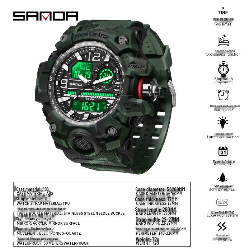 SANDA Youth Camouflage Sports Watch - Cool Dual Display, Waterproof Men's Electronic Watch