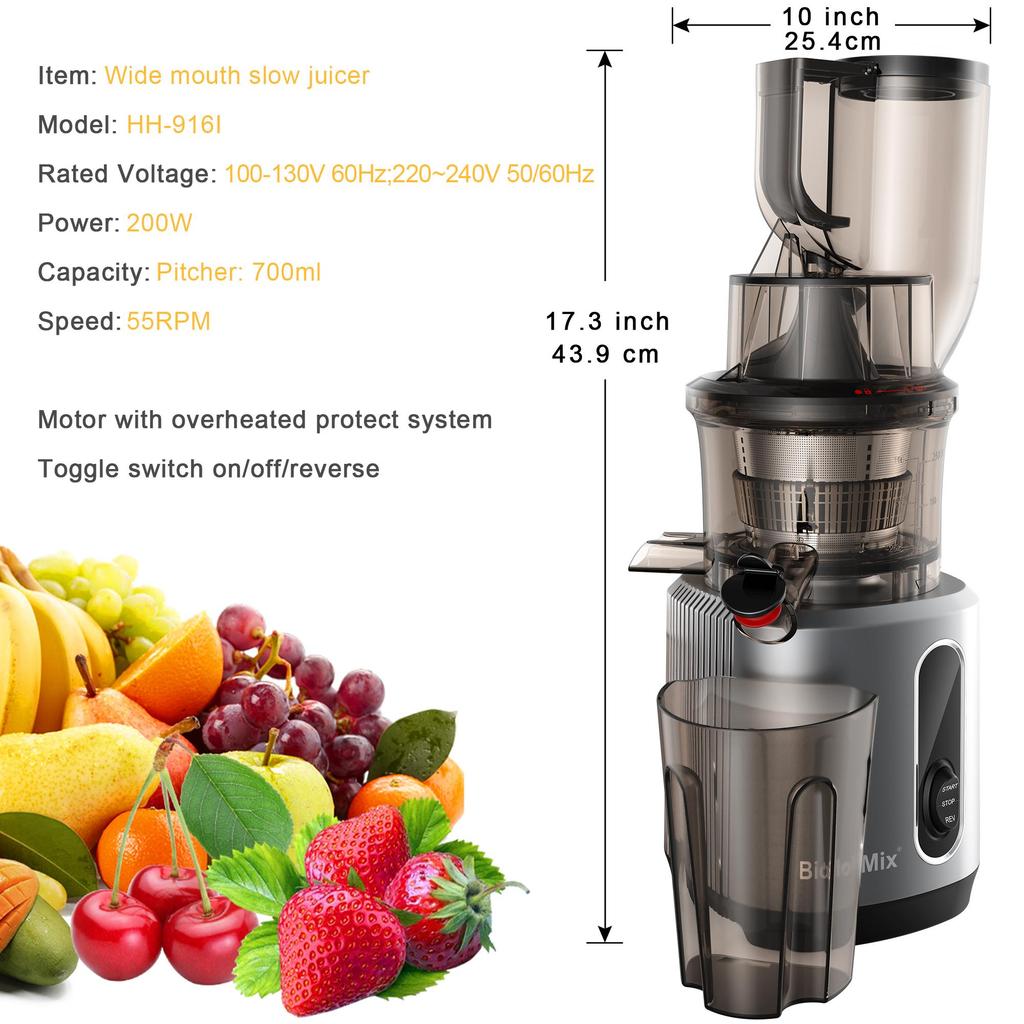 BioloMix HH‑916I Slow Cold Press Juicer Wide Mouth Masticating Juicer
