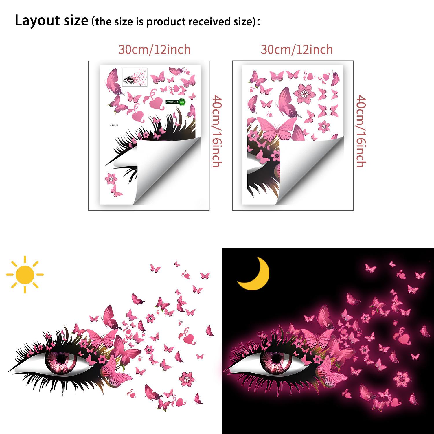 

Pink Glow-in-the-Dark Eyes with Butterfly Eyelash Decor Living Room & Bedroom Feature Wall Minimalist Removable Wall Decal 2pcs