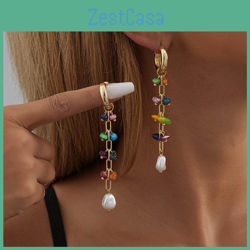 Trendy Irregular Shaped Colorful Stone And Faux Pearl Earrings For Ladies