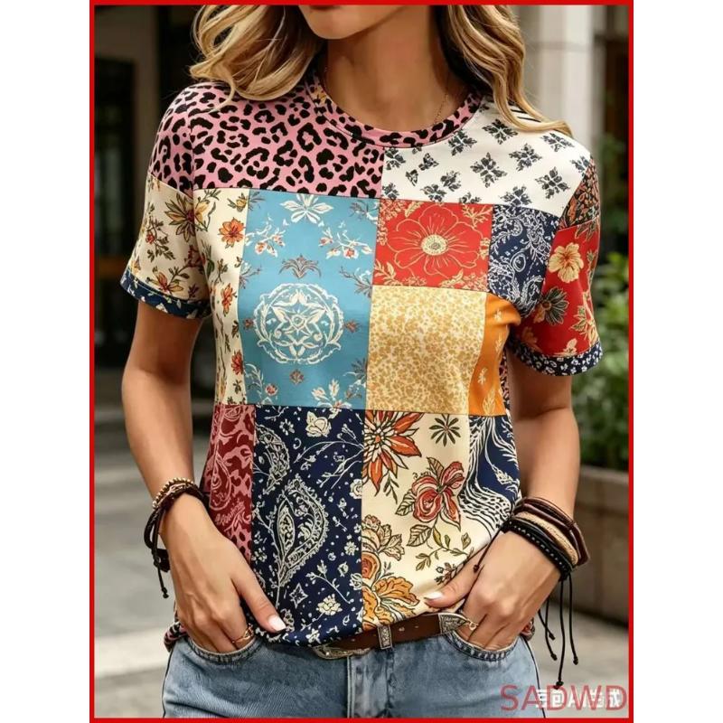Moda Donna Girocollo Manica Corta Stampa Colore 3D Casual T-shirt Casual a Manica Corta Girocollo