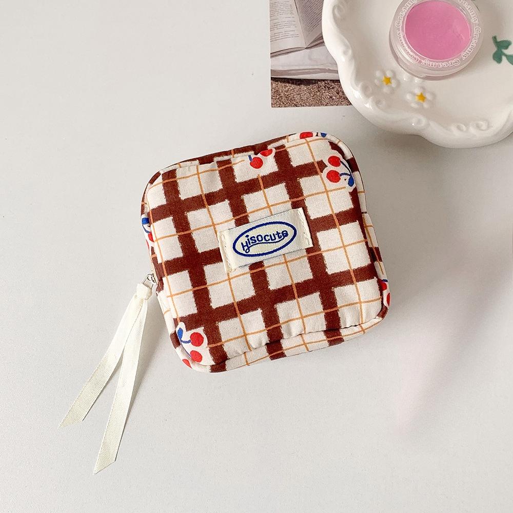 Fabric Small Cherry Patterned Storage Bag for Girls' Portable Sanitary Napkin Carrying Bag with Compartments  Mini Bag, Small Square Bag