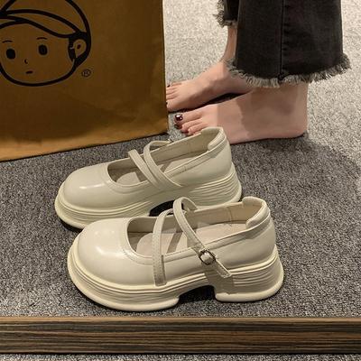 White Thick Heel Platform French Mary Jane Shoes Women's 2025 New Summer Round Head Light Mouth British Style Small Leather Shoes Women