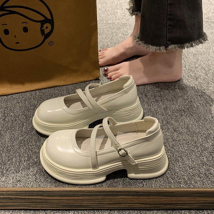 White Thick Heel Platform French Mary Jane Shoes Women's 2025 New Summer Round Head Light Mouth British Style Small Leather Shoes Women