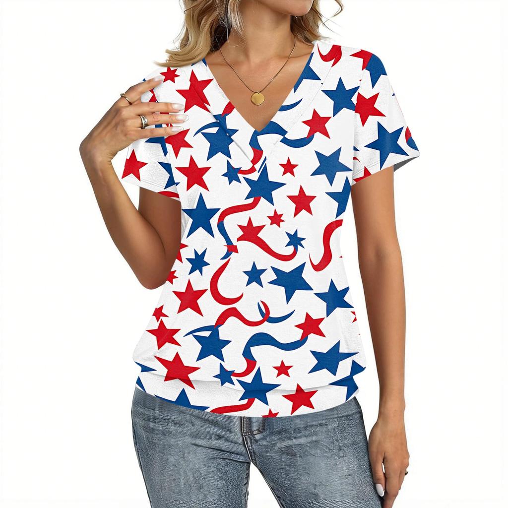 Women Casual Short Sleeve V Neck Top with Star Print Lightweight Breathable Fabric Suitable for Everyday Wear and Outdoor Activities