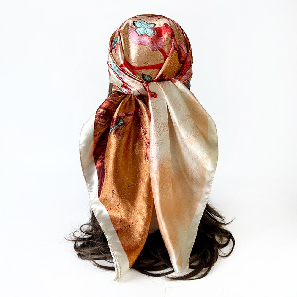 90cm Women’s Scarf – New Style Headscarf, Vintage Print Shawl, Rayon Satin Square Scarf