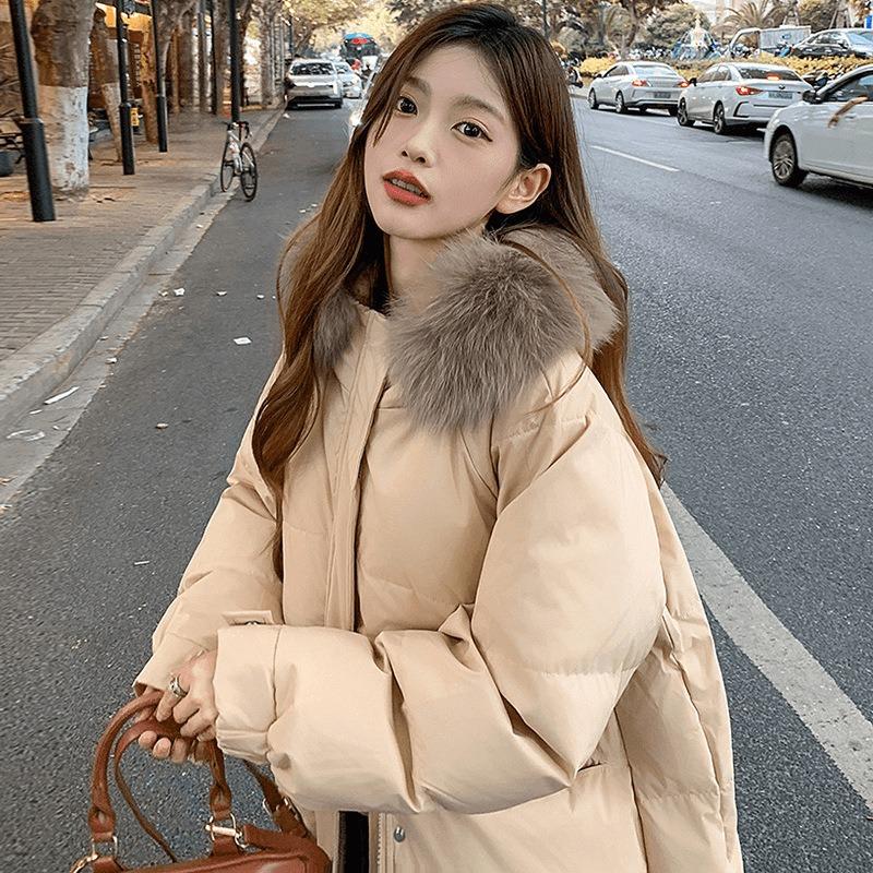 Padded jacket women's long model new padded jacket winter thickened large fur collar over the knee loose bread jacket padded jacket winter
