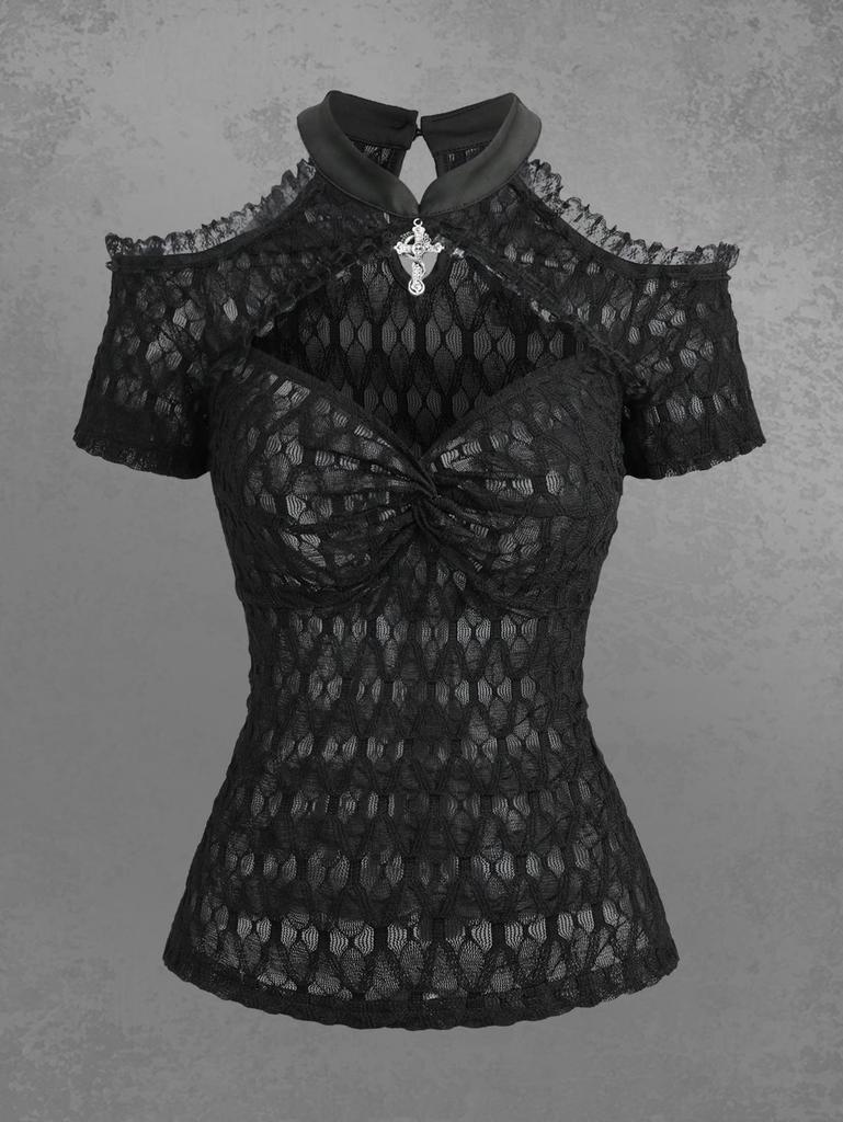 Rosegal Gothic Cold Shoulder Skull Cross Cut Out Panel Twist Crochet Lace Semi See Through Top