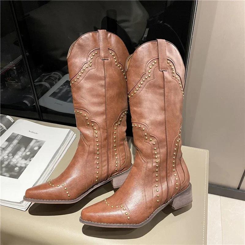 2025 New Women's Boots Low Heel Cowboy Western Short Leather Knee High Luxury Designer Gothic New Rock Shoes Vintage