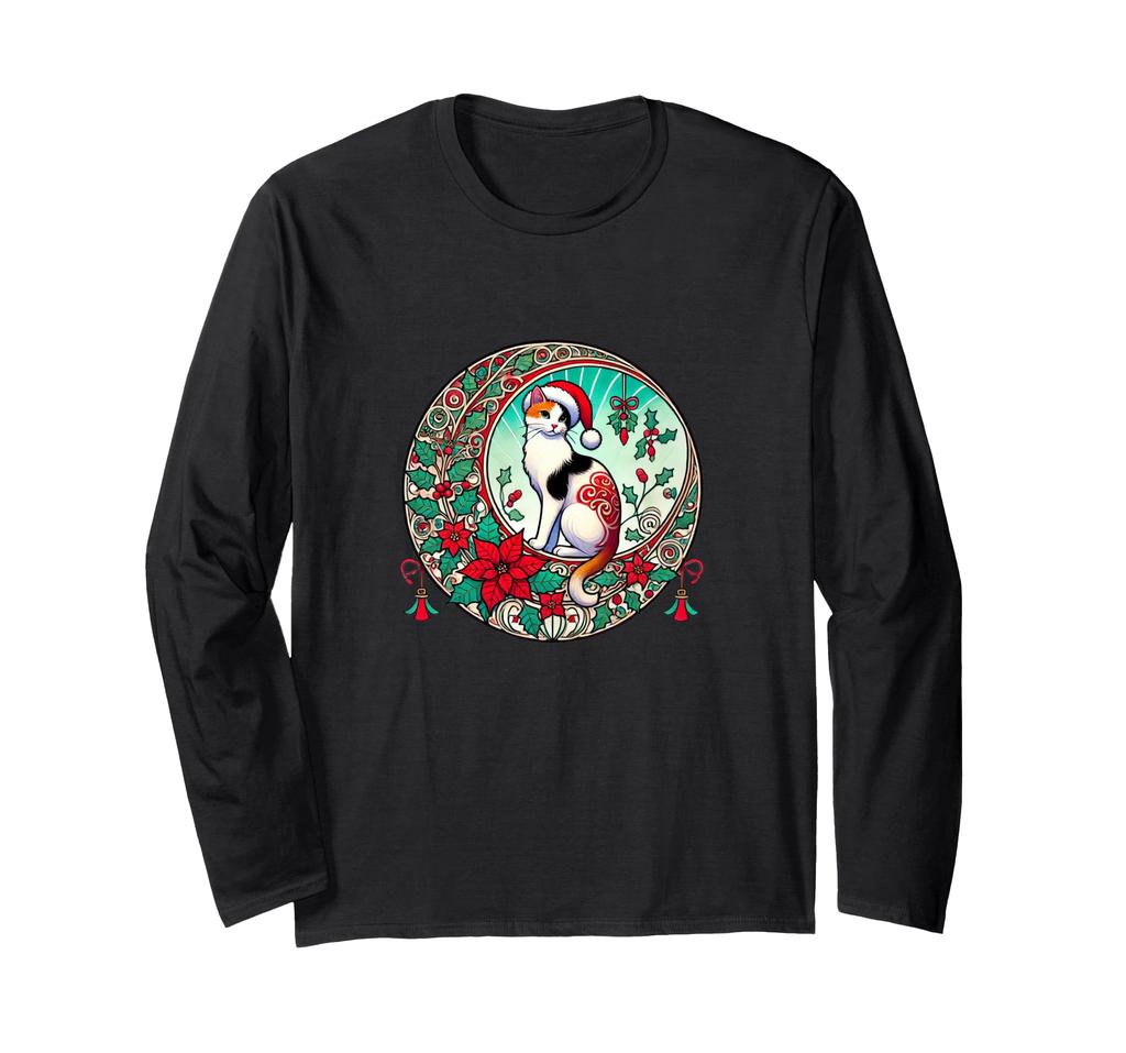 Calico cat Santa hat Illustration Art Nouveau Calico cat Long sleeve T-shirt