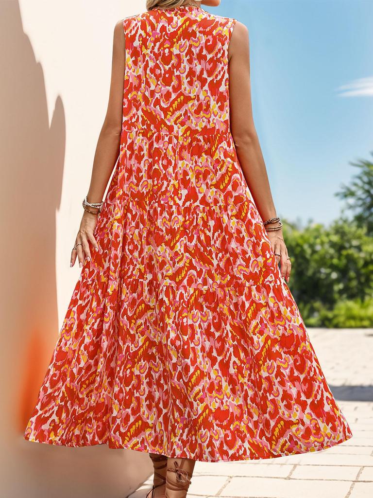 2026 European & American Summer Resort Sleeveless V-Neck Tassel Abstract Print Dress for Women