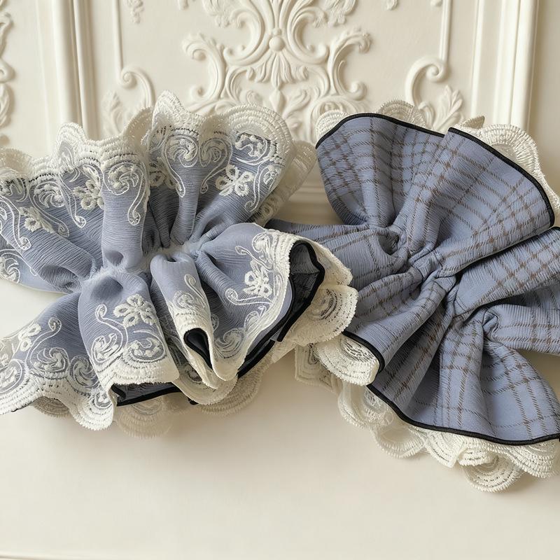 Smog Blue Plaid Lace Scrunchie - Elegant Korean-Inspired High-Class Bun Accessory.