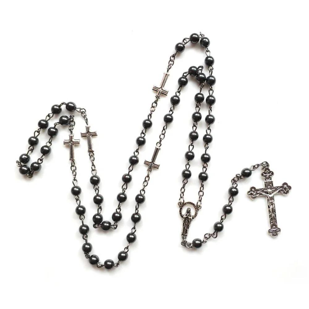 Long Cross Chain Vintage Crucifix Pendant Chain Black Gallstone Rosary Necklace  Women