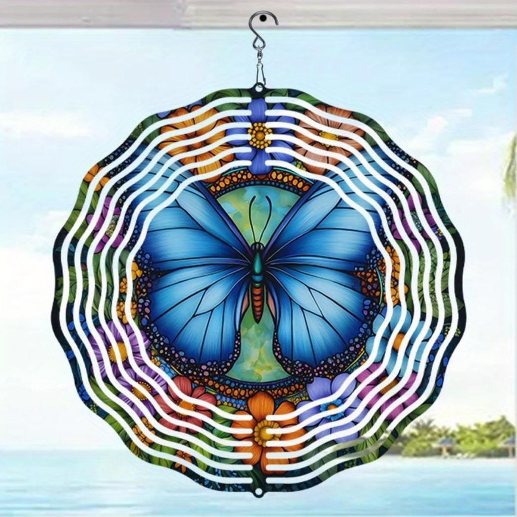 Metal Wind Spinner with Blue Butterfly and Multicolor Floral Design 2D Kinetic Garden Decor Outdoor Art Creative Gift for Home and Garden