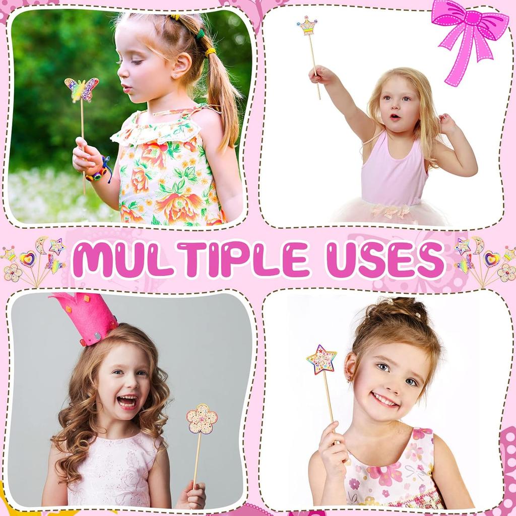 42 Pcs Princess Fairy Wands Kit, Include 36 Pcs Wooden Unfinished Wand DIY Princess Wand with 6 Sheet Colorful Diamond Sticker for Girls Make Your