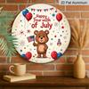 2D Flat, 1pc Round Aluminum Hanging Sign - Happy 4th of July Cute Teddy Bear Metal Wall Art, Patriotic Balloon & Firework Design, Perfect for