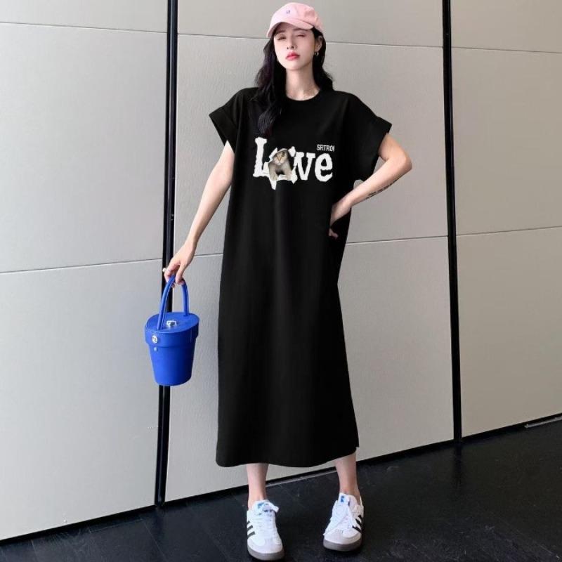 T-shirt Loose Casual Oversized Dress with A Slit At The Hem and A Long Skirt Design