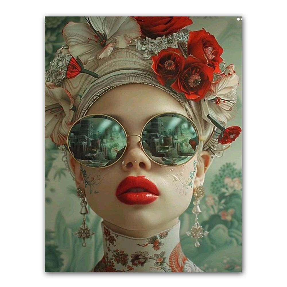 Diamond Mosaic Embroidery Beautiful Woman with Glasses Flower Diamond Painting Full Square Round Rhinestones Cross Stitch Art