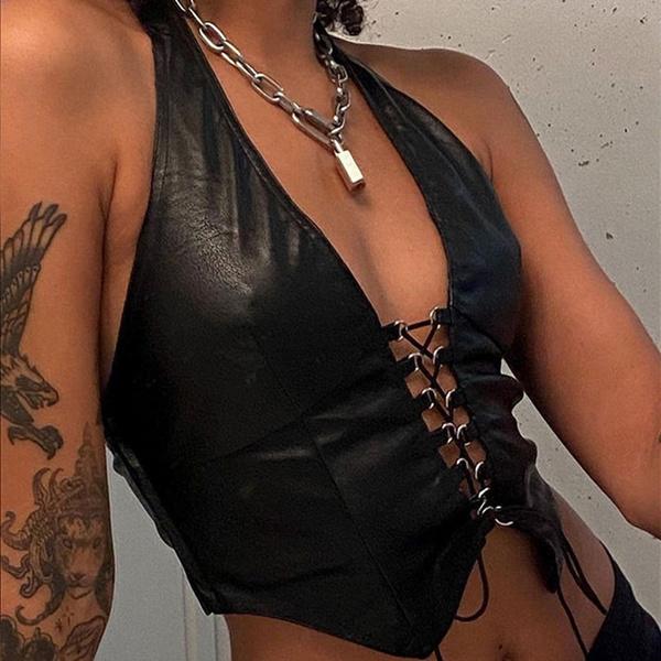 Fashion Goth Dark Grunge Pu Black Lace Up Gothic Halter Tops Punk Faux Leather Women Hollow Out Sexy Camis Fashion Streetwear Crop Tops