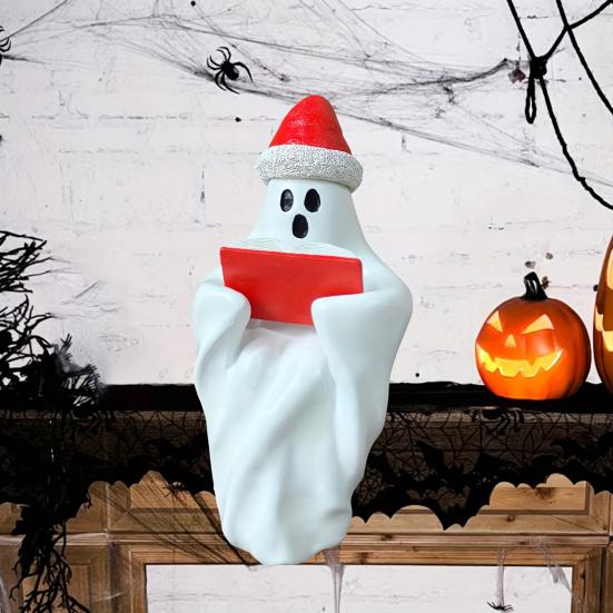 1 Set Halloween Ghost Statue Reading Book Christmas Hat Cartoon Ghost Resin Figurine Sculpture Holiday Party Desktop Decoration Ornament