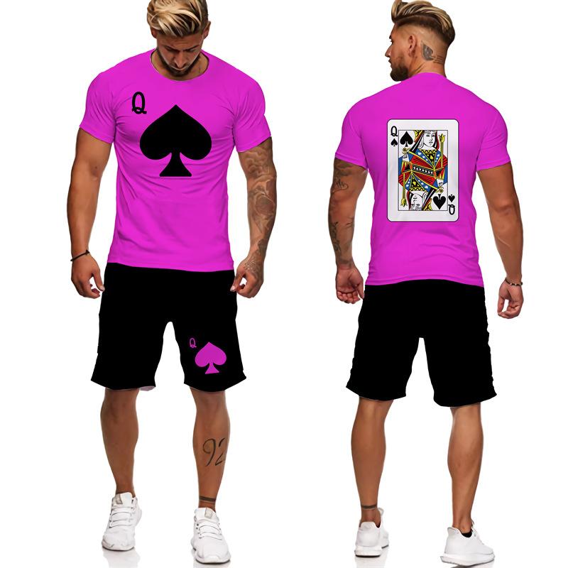 

Summer Round Neck 3D Poker card Q Printed Set Fashionable and Casual Short Sleeved Shorts Men s Sport Wear S