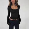 Haut pour femme à manches longues, col en U, côtelé, bordure en dentelle, coupe sexy, Streetwear, Automne Hiver 2026